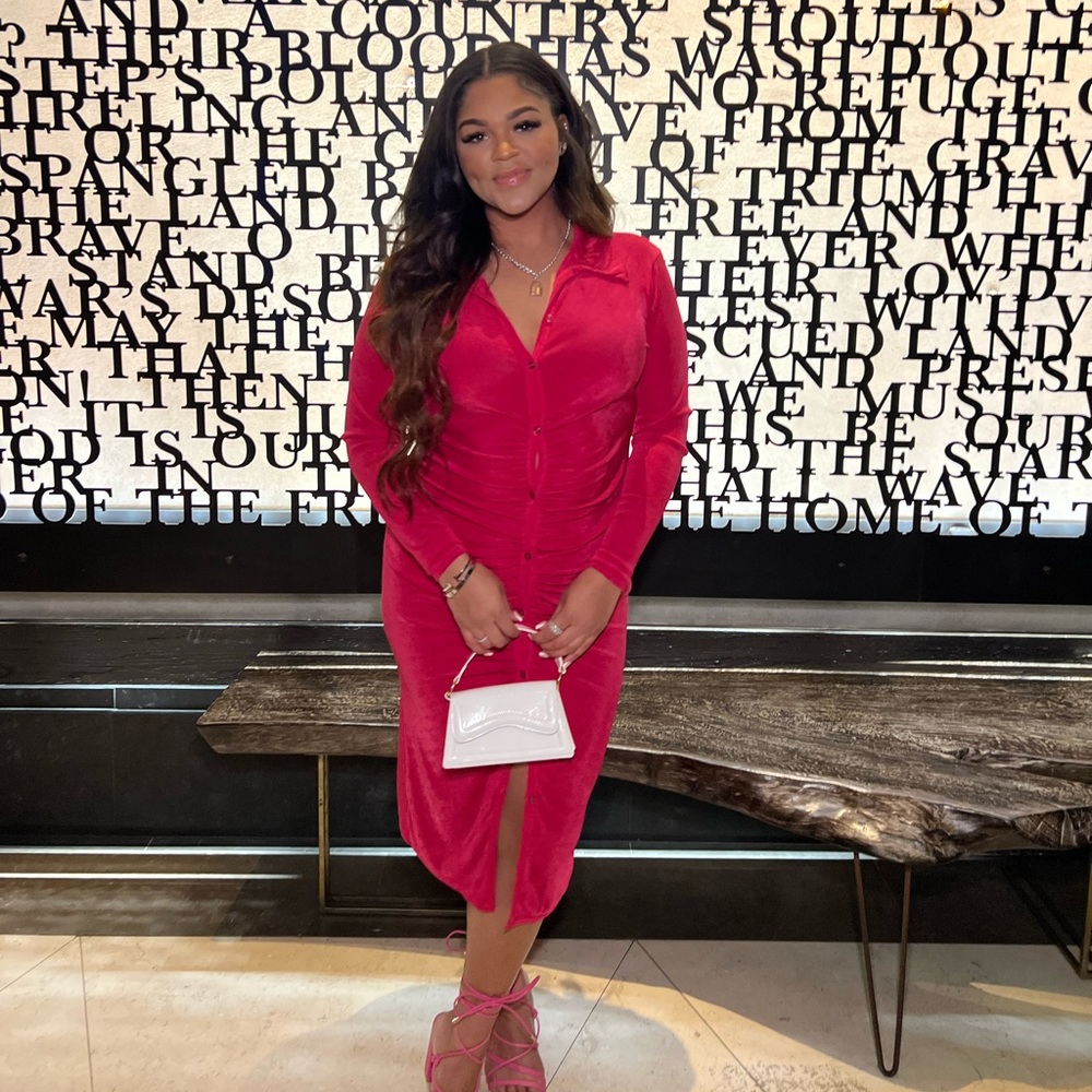Boohoo pink button down dress